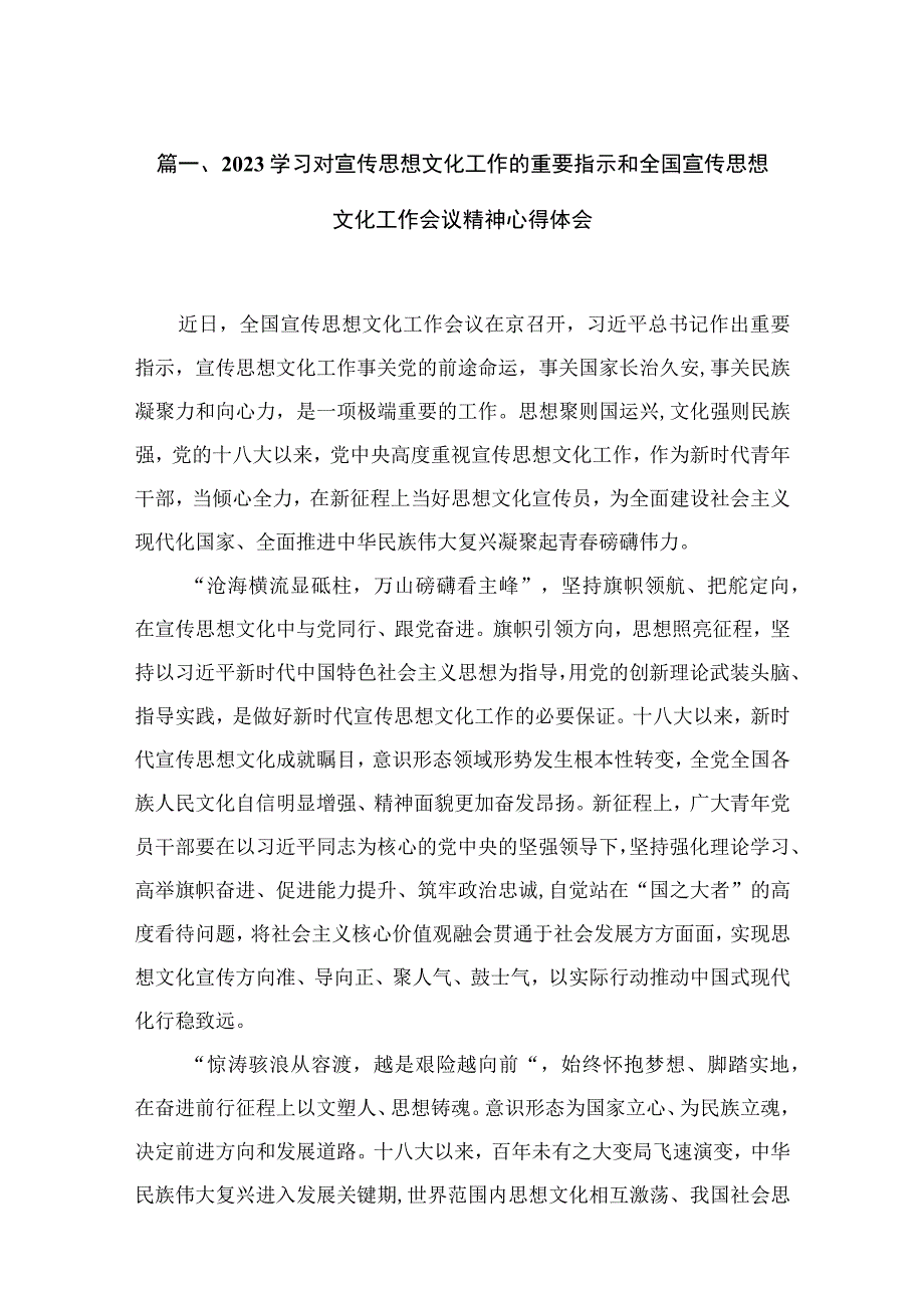 2023学习对宣传思想文化工作的重要指示和全国宣传思想文化工作会议精神心得体会精选六篇合集.docx_第2页