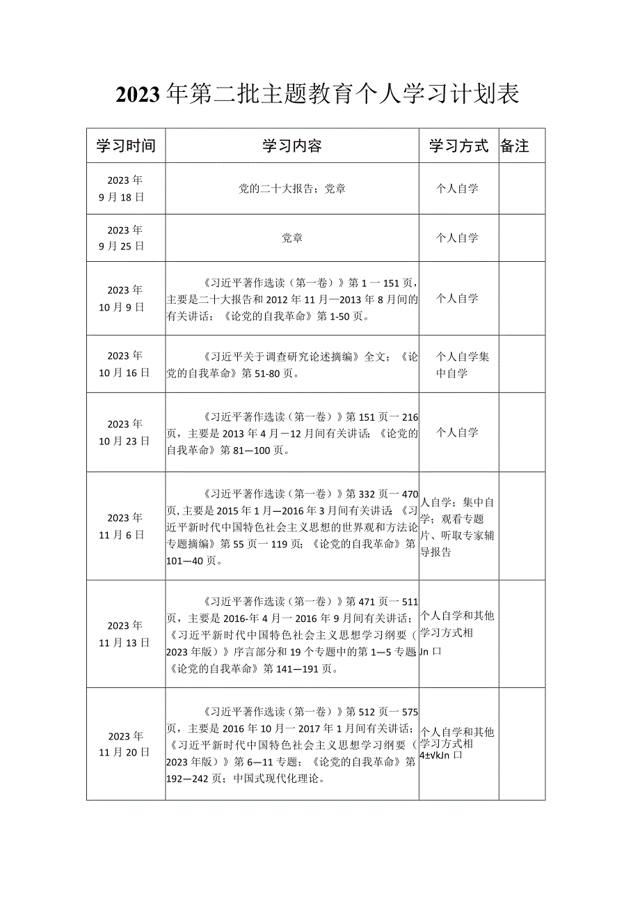 党员干部2023年第二批主题教育个人学理论习计划表（范文2篇）.docx_第2页