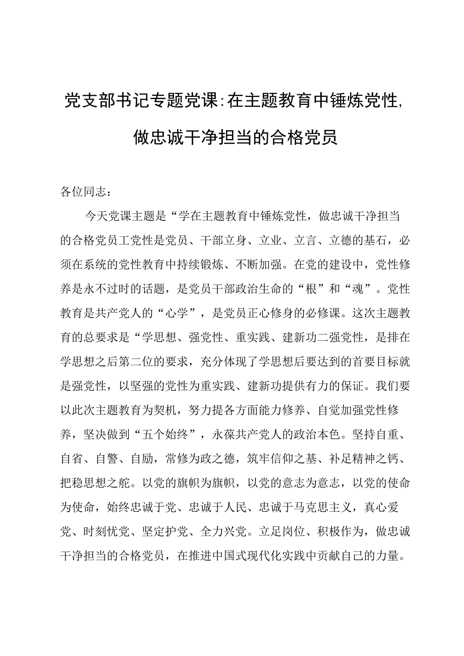 党支部书记专题党课：在主题教育中锤炼党性做忠诚干净担当的合格党员.docx_第1页