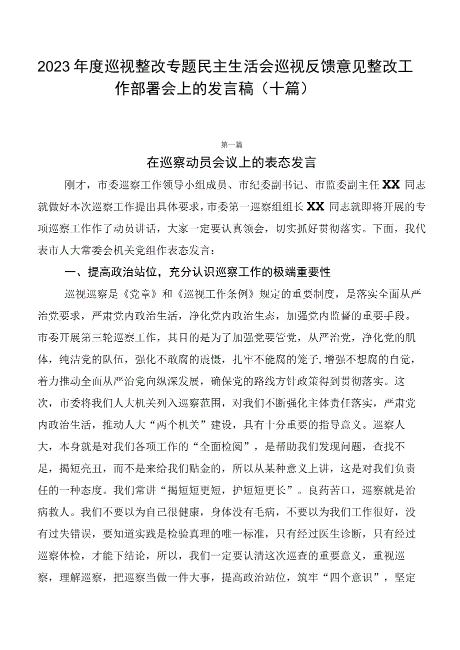 2023年度巡视整改专题民主生活会巡视反馈意见整改工作部署会上的发言稿（十篇）.docx_第1页