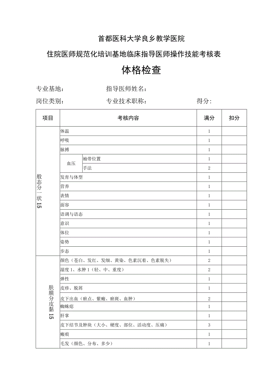 首都医科大学良乡教学医院住院医师规范化培训基地临床指导医师操作技能考核表体格检查.docx_第1页