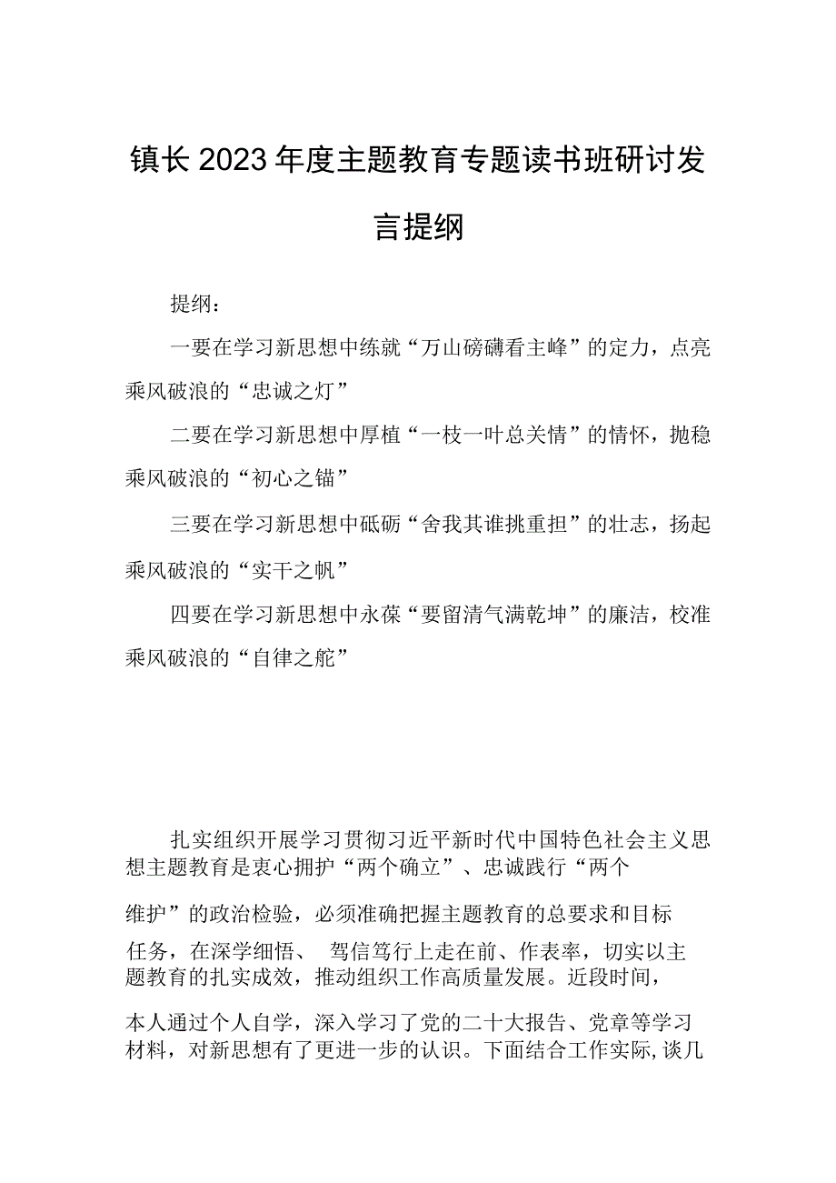 镇长2023年度主题教育专题读书班研讨发言提纲.docx_第1页