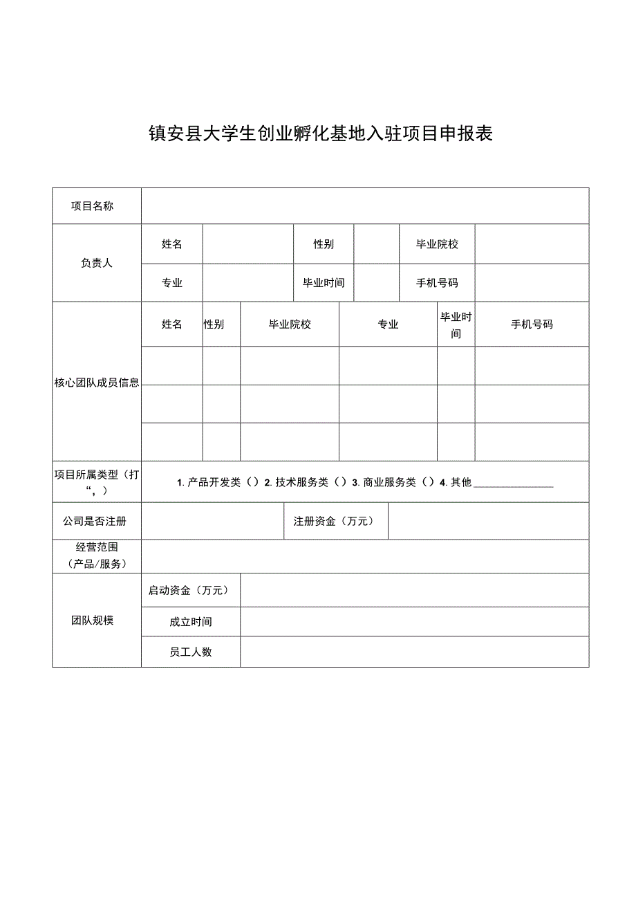 镇安县大学生创业孵化基地入驻项目申报表.docx_第1页