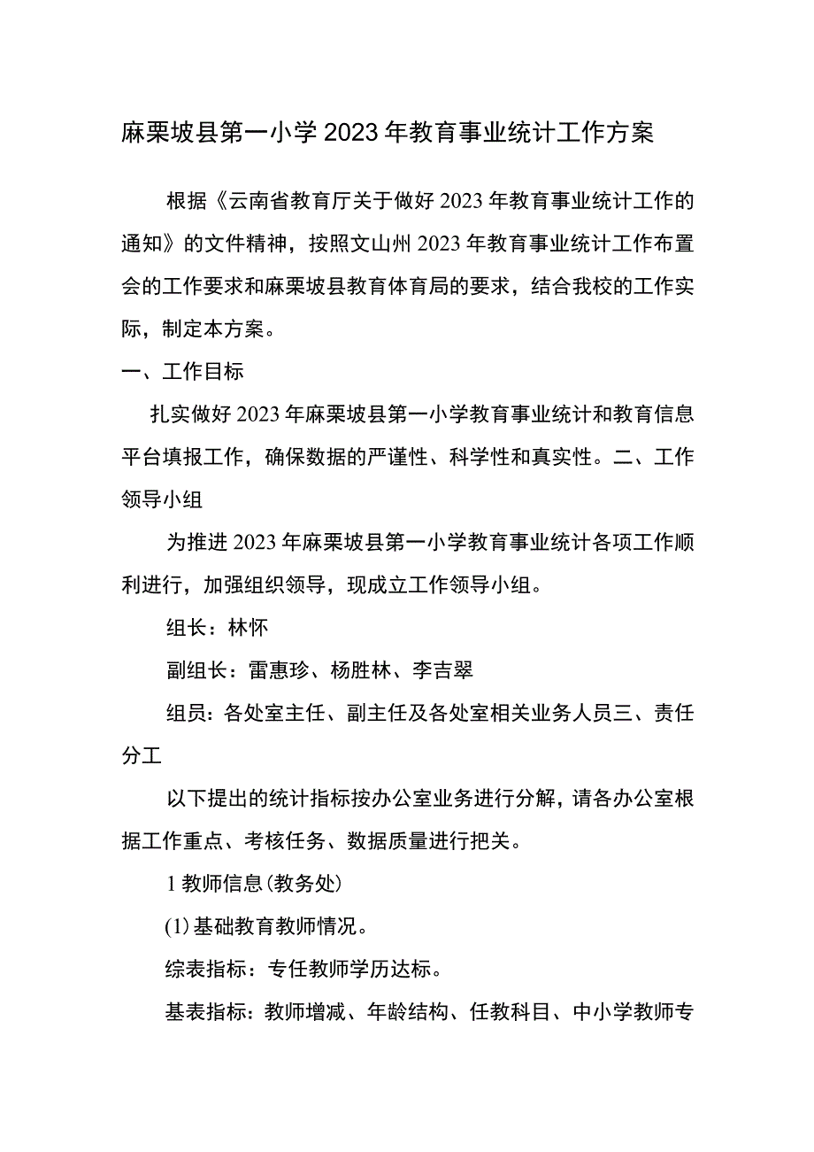 麻栗坡县第一小学2022年教育事业统计工作方案.docx_第1页