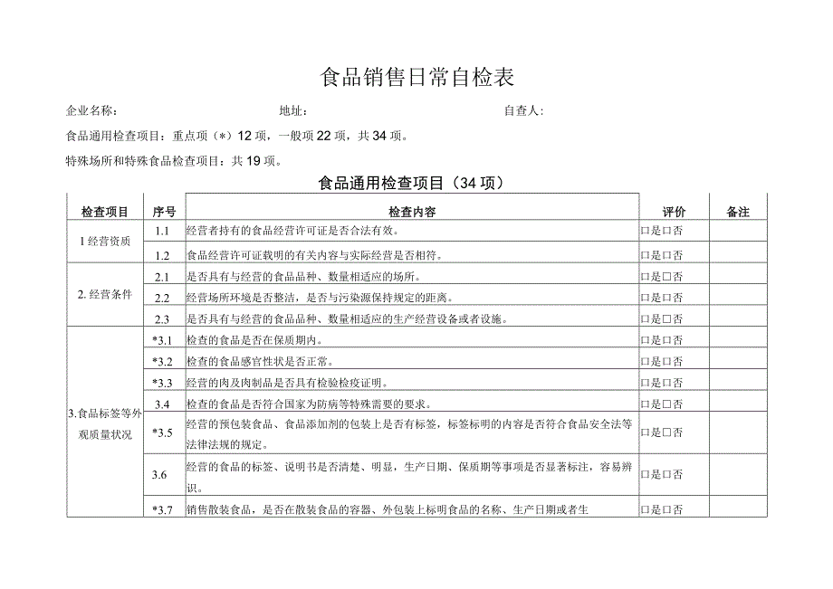 食品销售日常自检表（通用版）.docx_第1页