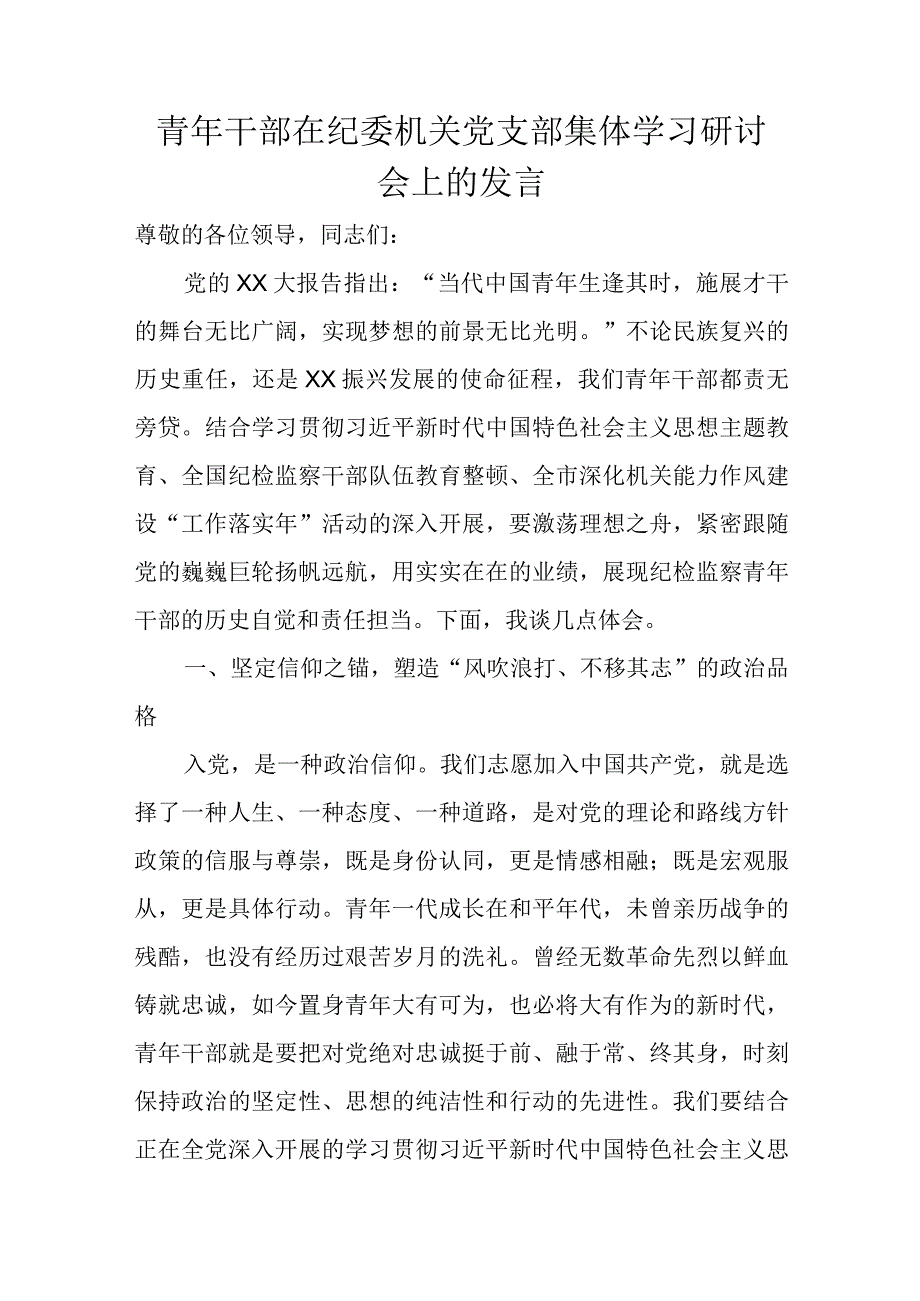 青年干部在纪委机关党支部集体学习研讨会上的发言.docx_第1页