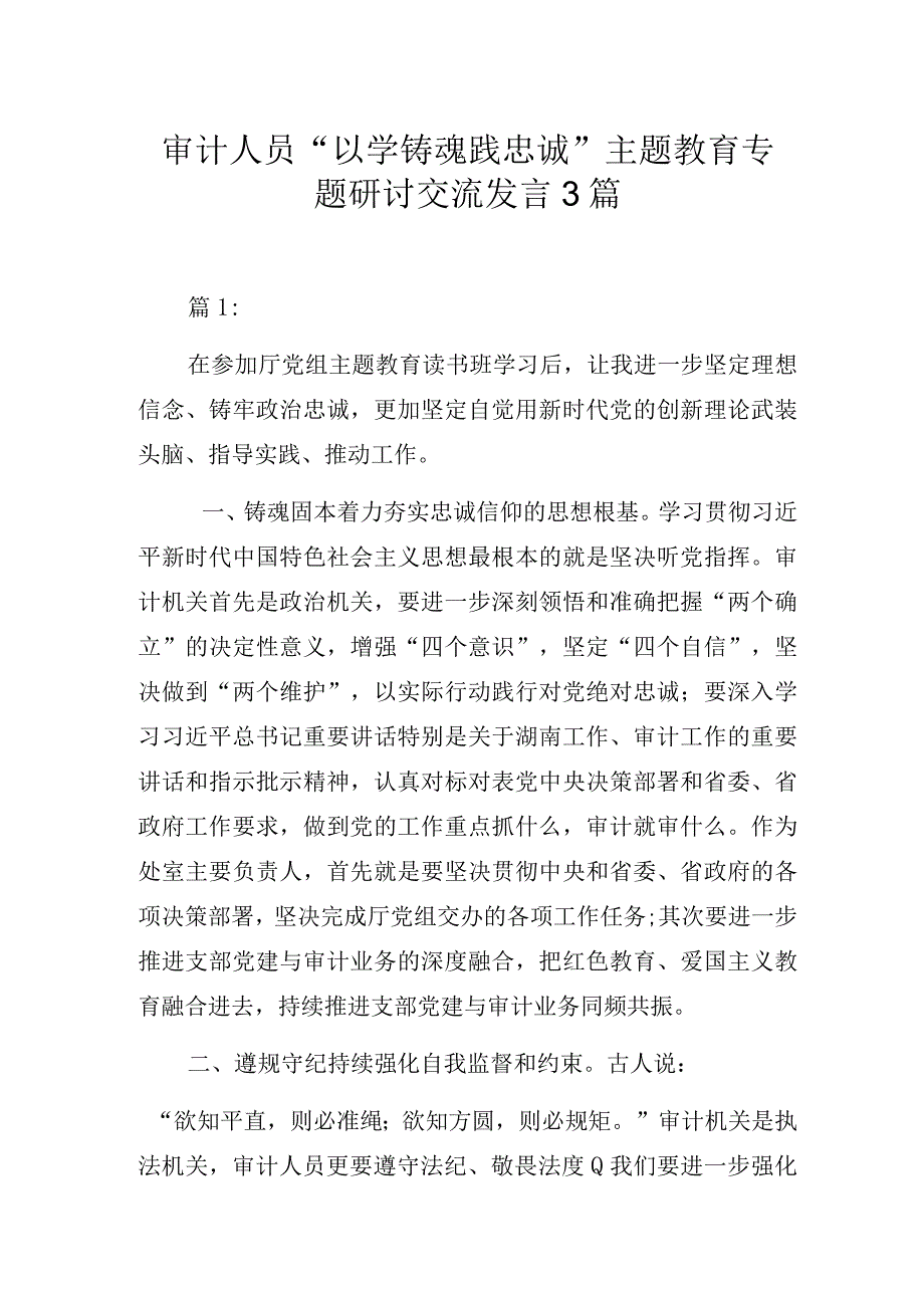 审计人员“以学铸魂践忠诚 ”主题教育专题研讨交流发言3篇.docx_第1页