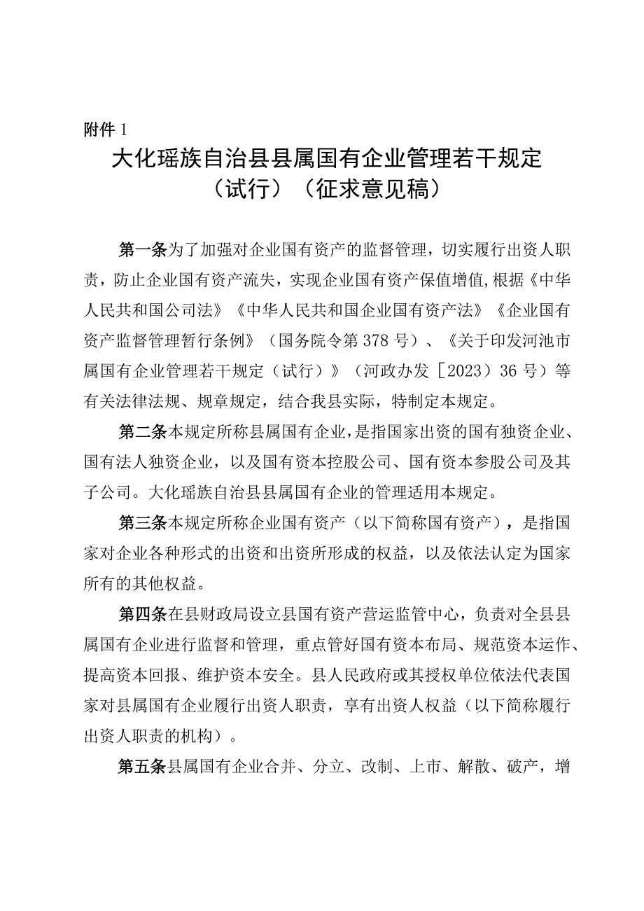 大化瑶族自治县县属国有企业管理若干规定（试行）（征求意见稿）.docx_第1页