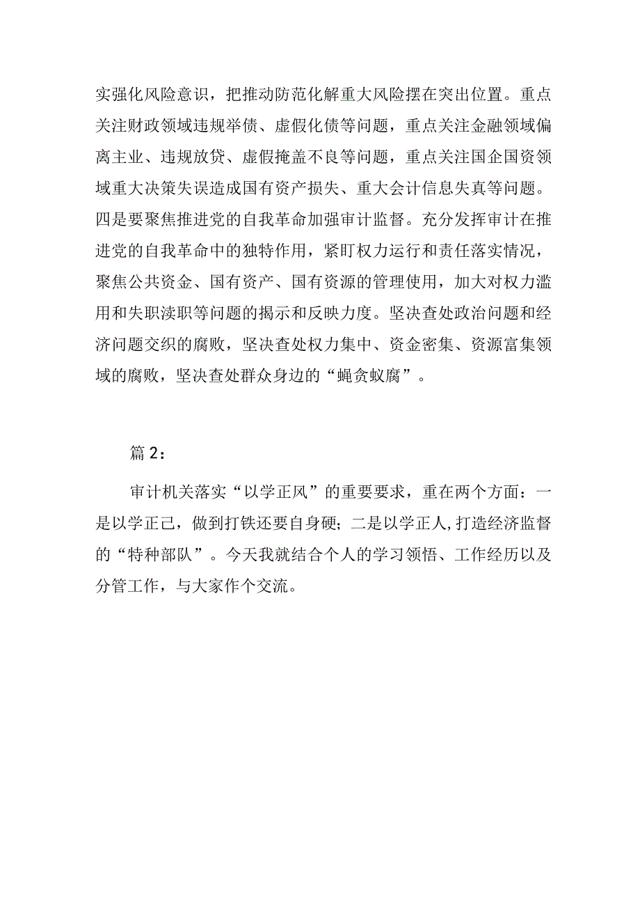 审计人员“以学正风”和“树立和践行正确政绩观”主题教育专题研讨交流发言材料3篇.docx_第3页