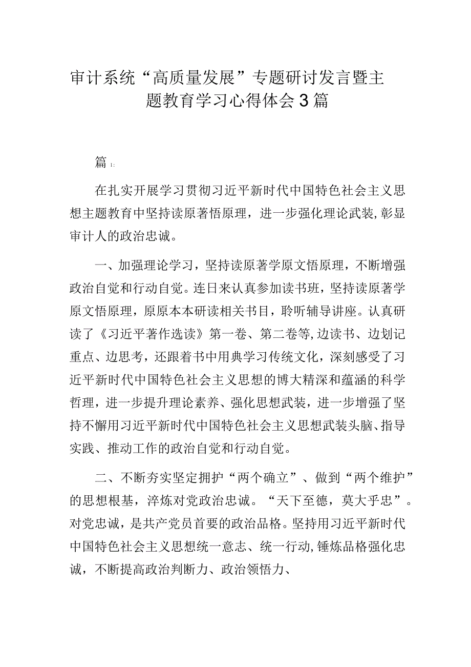 审计系统“高质量发展”专题研讨发言暨主题教育学习心得体会3篇.docx_第1页