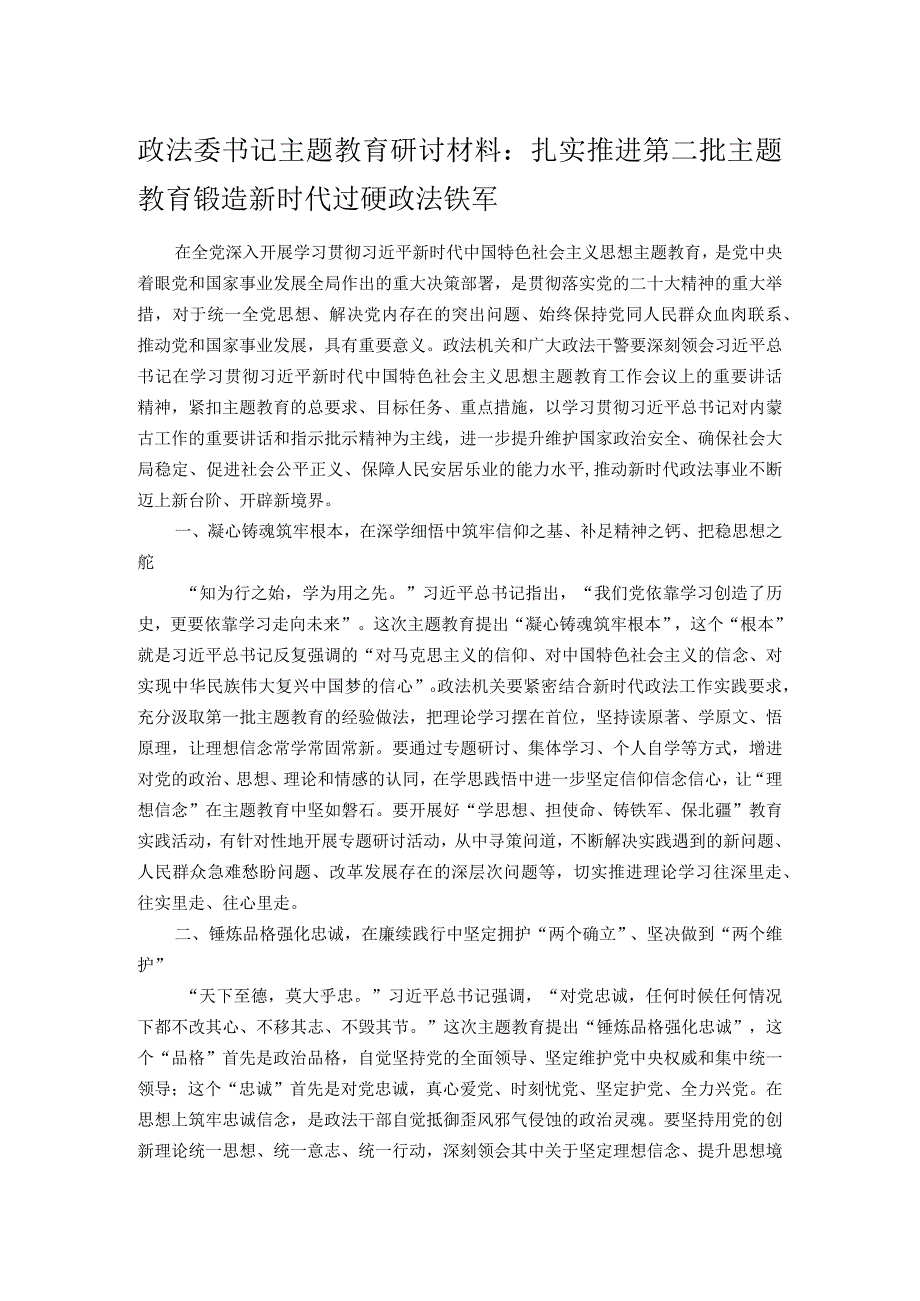 政法委书记主题教育研讨材料：扎实推进第二批主题教育 锻造新时代过硬政法铁军.docx_第1页