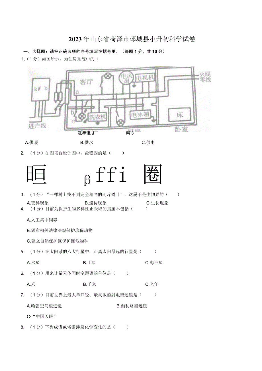 山东省菏泽市鄄城县2023届小升初科学试卷（含解析）.docx_第1页