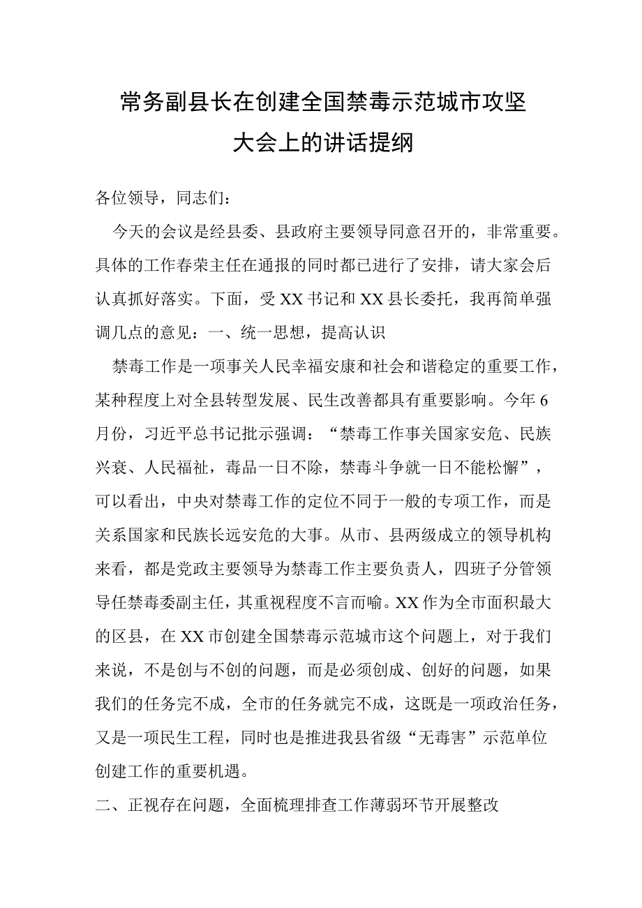 常务副县长在创建全国禁毒示范城市攻坚大会上的讲话提纲.docx_第1页