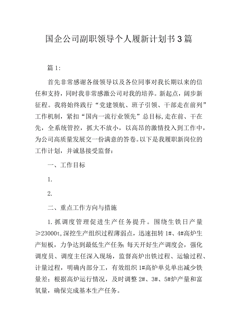 国企公司副职领导个人履新计划书3篇.docx_第1页