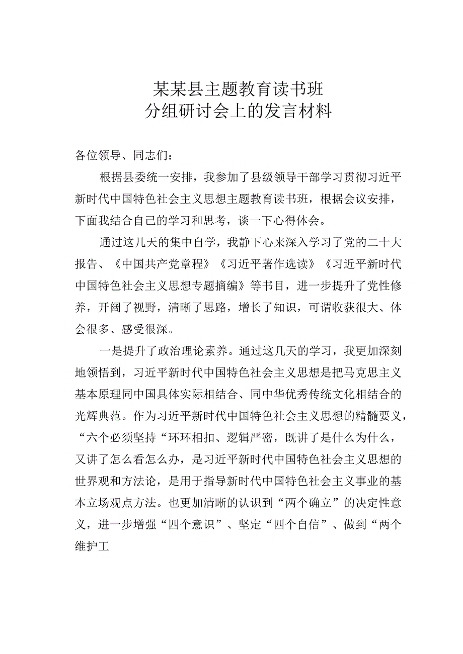 某某县主题教育读书班分组研讨会上的发言材料.docx_第1页