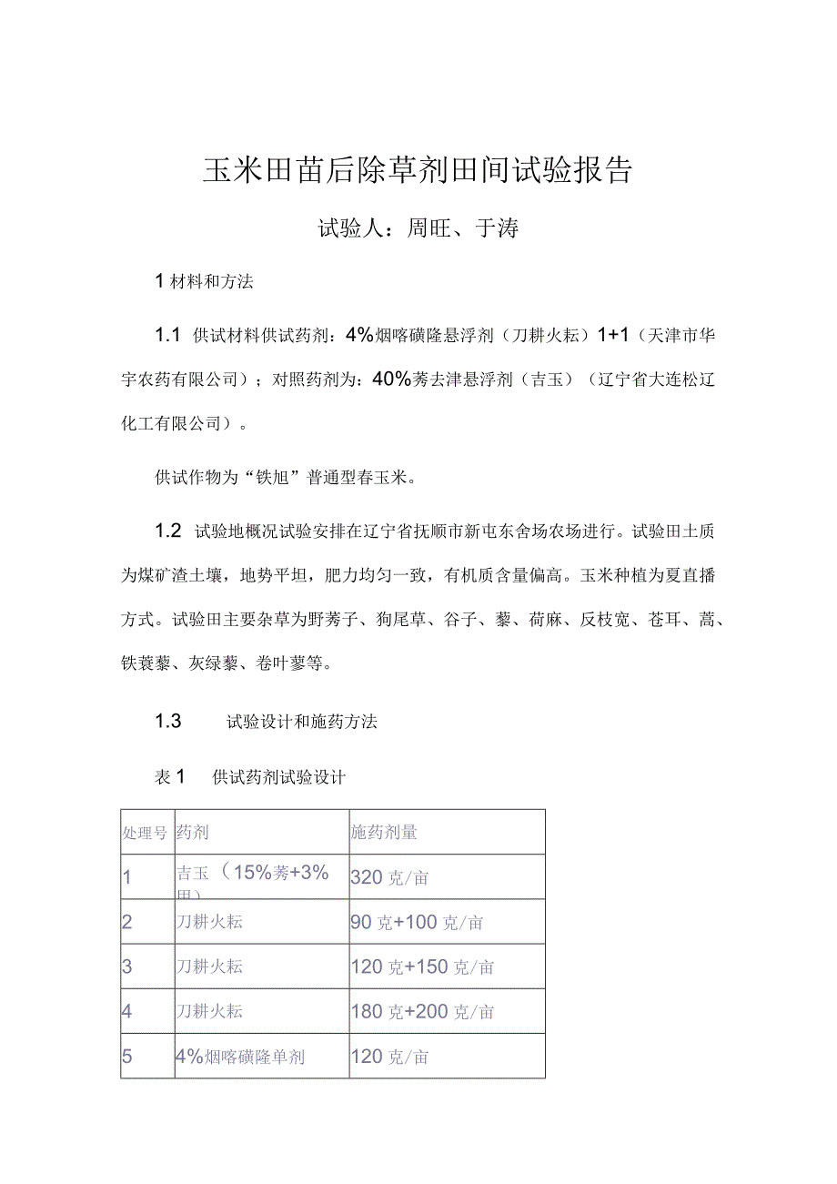 玉米田苗后除草剂田间试验报告(东舍场).docx_第1页