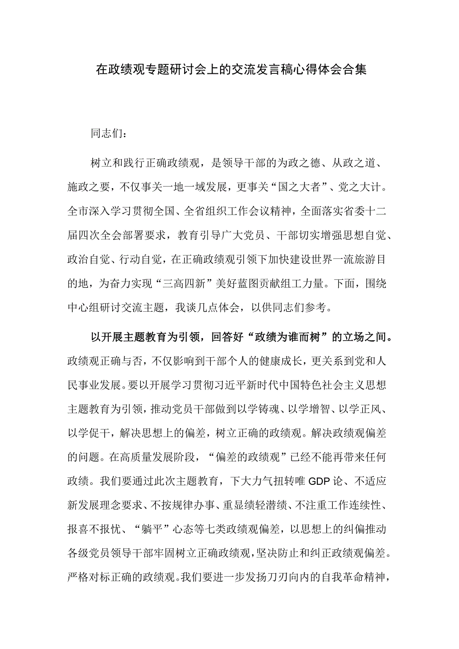 在政绩观专题研讨会上的交流发言稿心得体会合集.docx_第1页