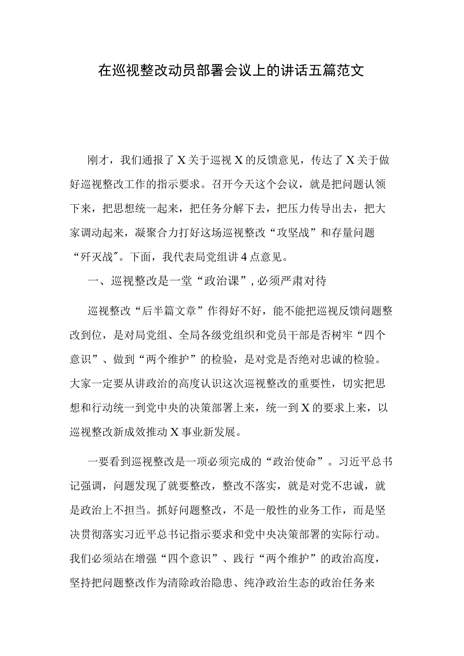 在巡视整改动员部署会议上的讲话五篇范文.docx_第1页