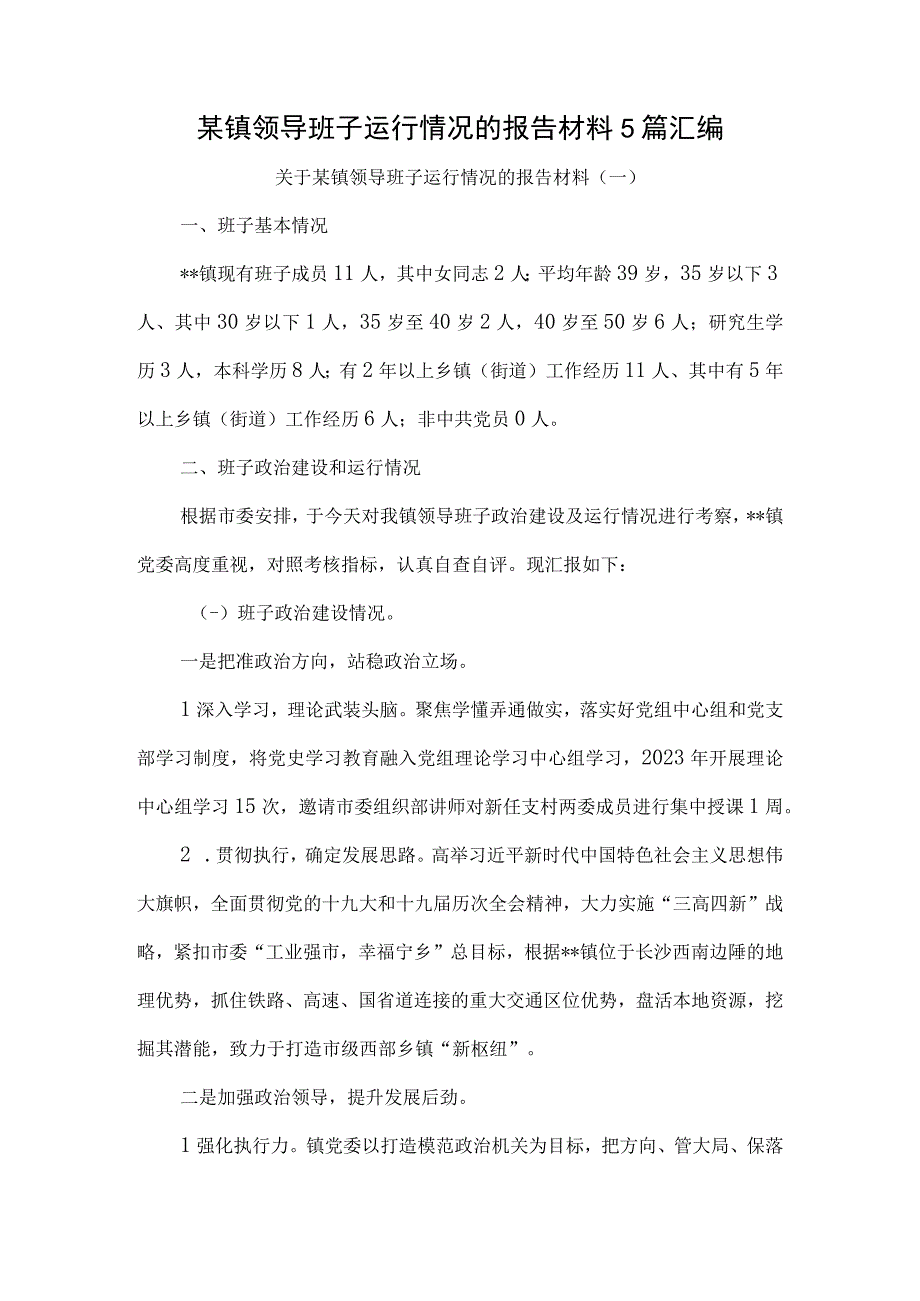 某镇领导班子运行情况的报告材料5篇汇编.docx_第1页