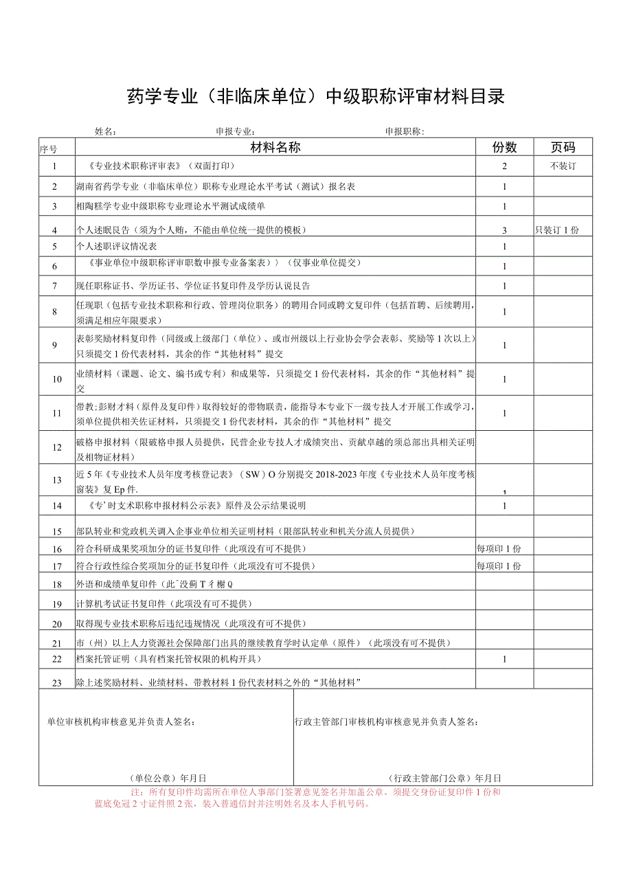 药学专业非临床单位中级职称评审材料目录.docx_第1页