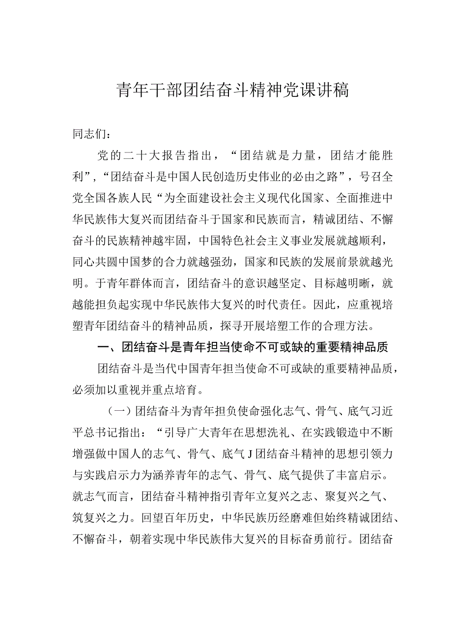 青年干部团结奋斗精神党课讲稿.docx_第1页