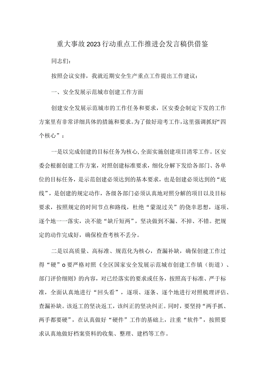 重大事故2023行动重点工作推进会发言稿供借鉴.docx_第1页