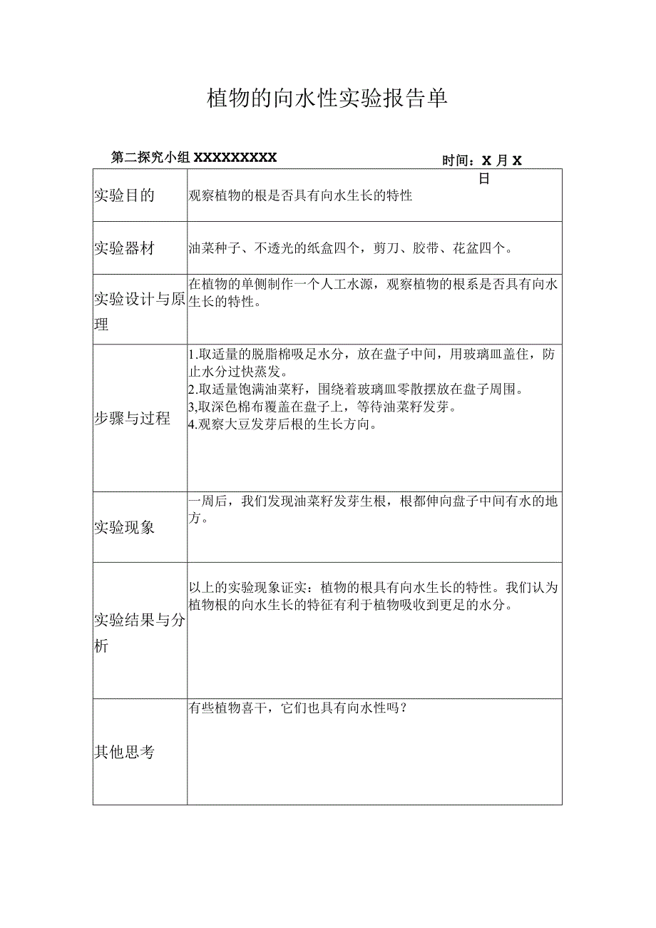 六年级上册科学植物的向水性实验报告单模板.docx_第1页