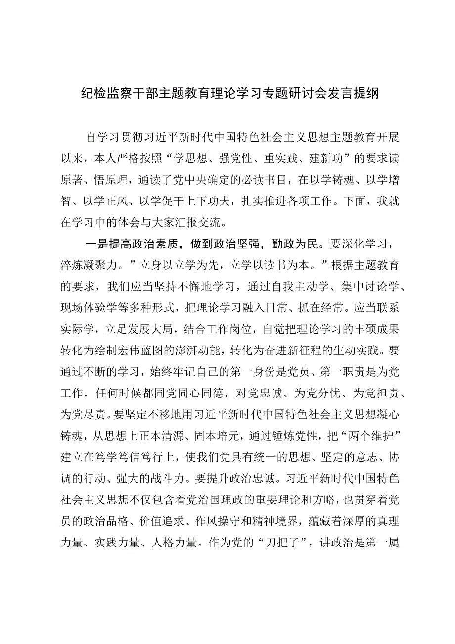 纪检监察干部主题教育理论学习专题研讨会发言提纲.docx_第1页