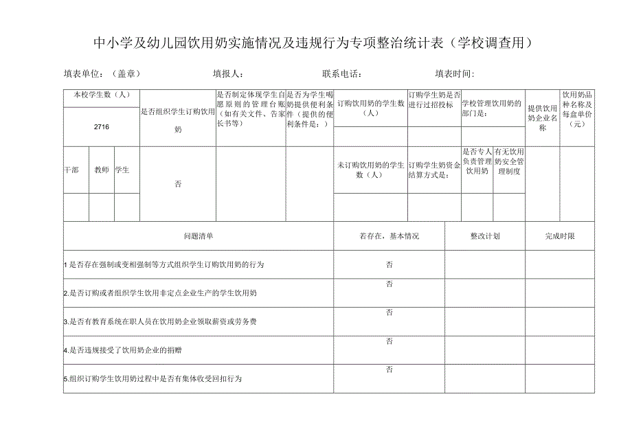 中小学及幼儿园饮用奶实施情况及违规行为专项整治统计表（学校调查用）.docx_第1页