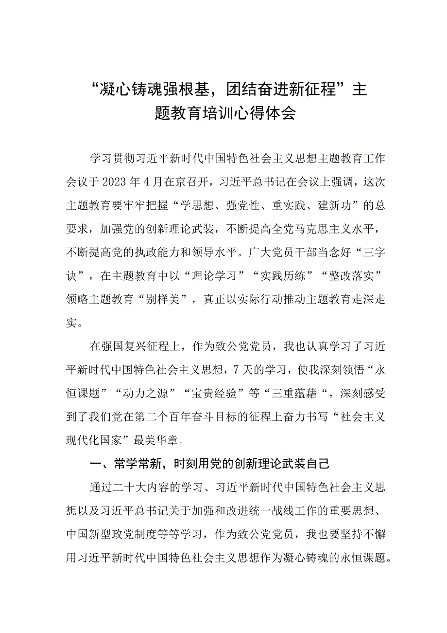 十篇2023年关于“凝心铸魂强根基团结奋进新征程”主题教育培训心得体会.docx_第1页