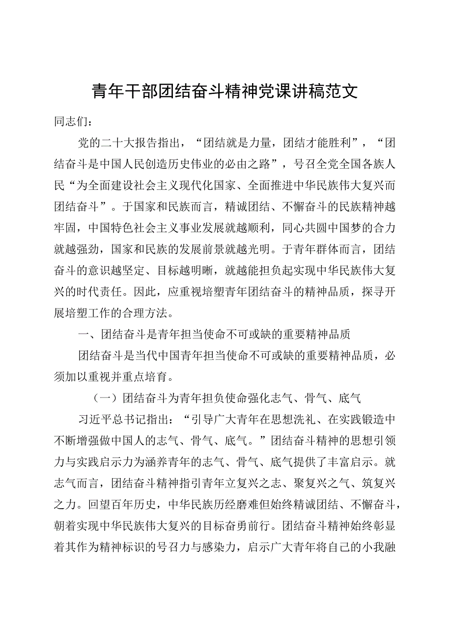 青年干部团结奋斗精神党课讲稿年轻.docx_第1页