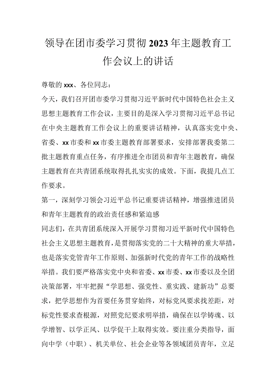 领导在团市委学习贯彻2023年主题教育工作会议上的讲话.docx_第1页