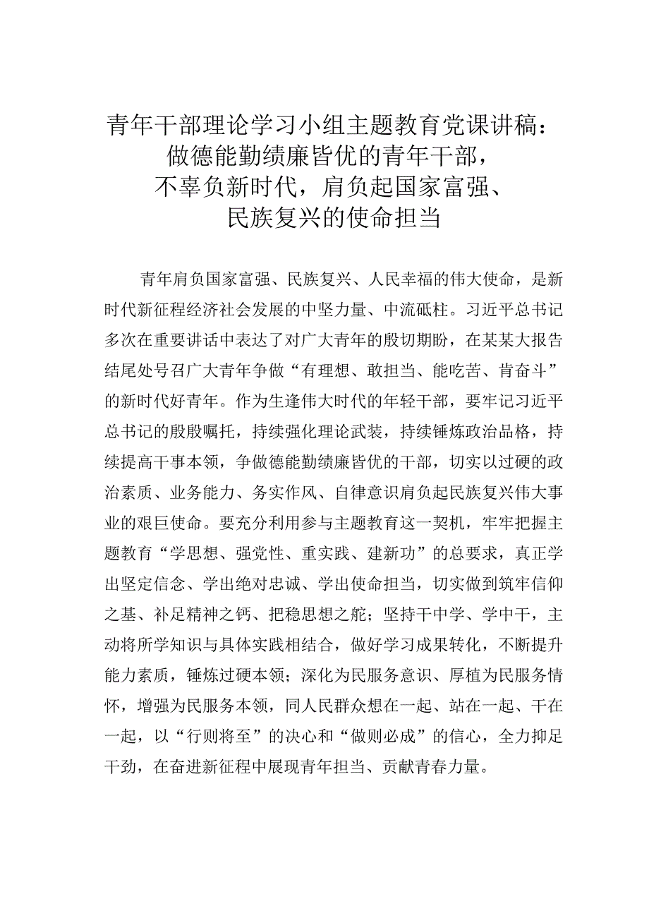 青年干部理论学习小组主题教育党课讲稿：做德能勤绩廉皆优的青年干部不辜负新时代肩负起国家富强、民族复兴的使命担当.docx_第1页