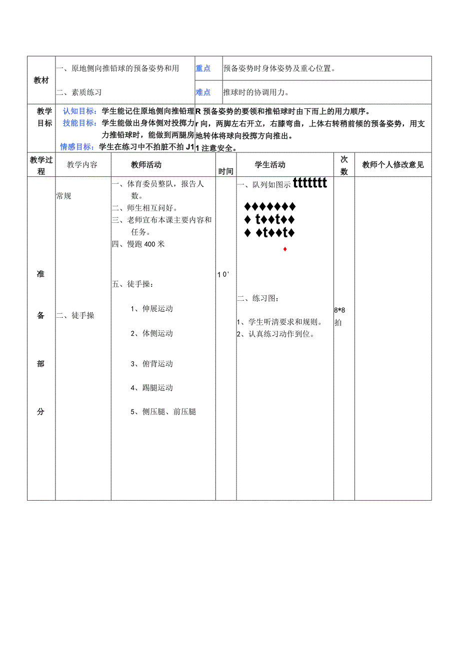 体育与健康《原地侧向推铅球的预备姿势和用力顺序》公开课教案.docx_第1页