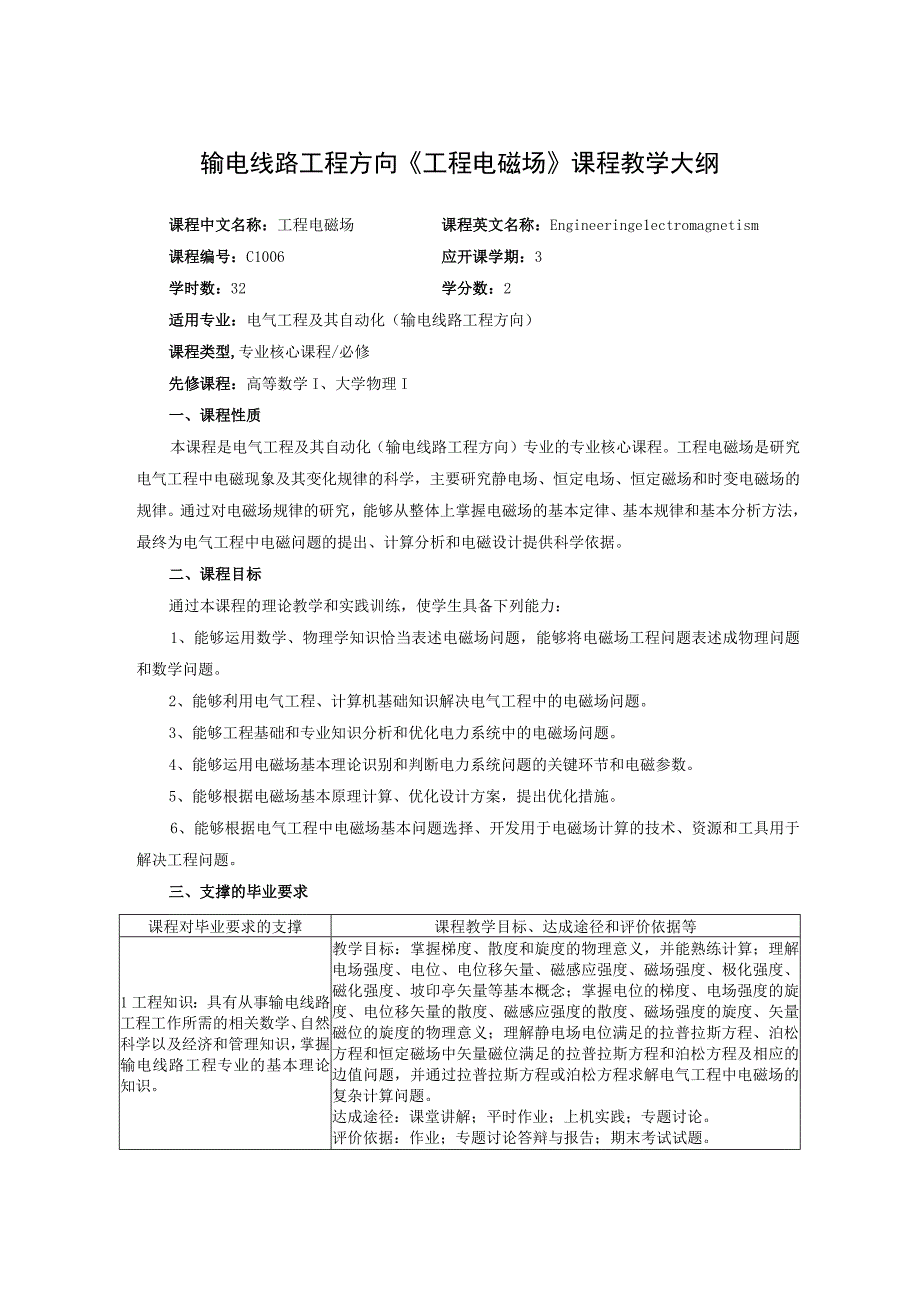 输电线路工程方向《工程电磁场》课程教学大纲.docx_第1页