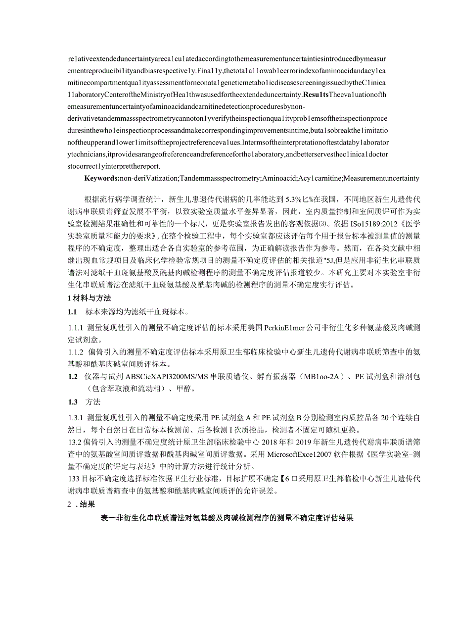 非衍生化串联质谱法对氨基酸及肉碱检测程序的测量不确定度评估.docx_第2页