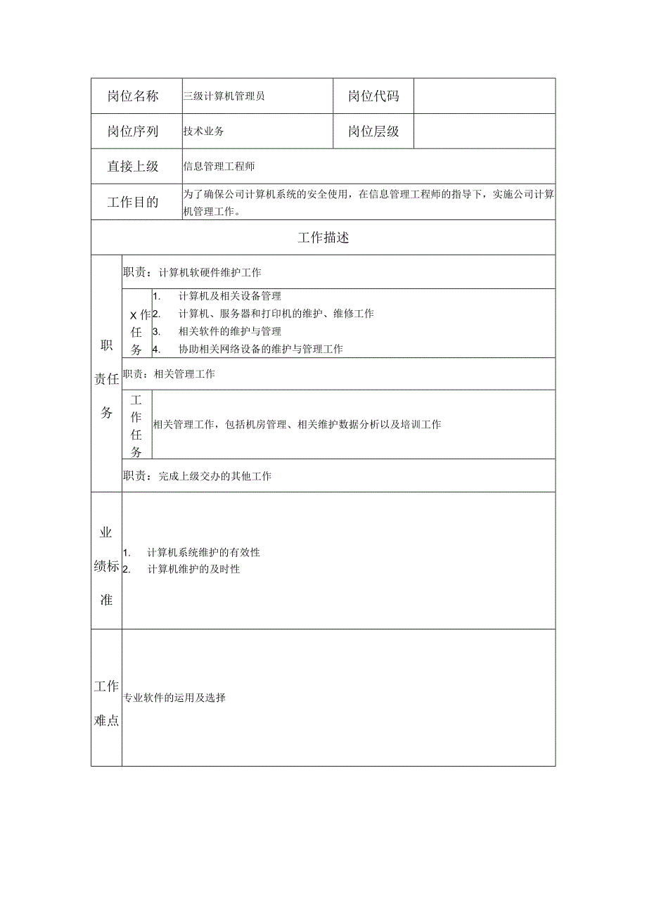 三级计算机管理员--工业制造类岗位职责说明书.docx_第1页