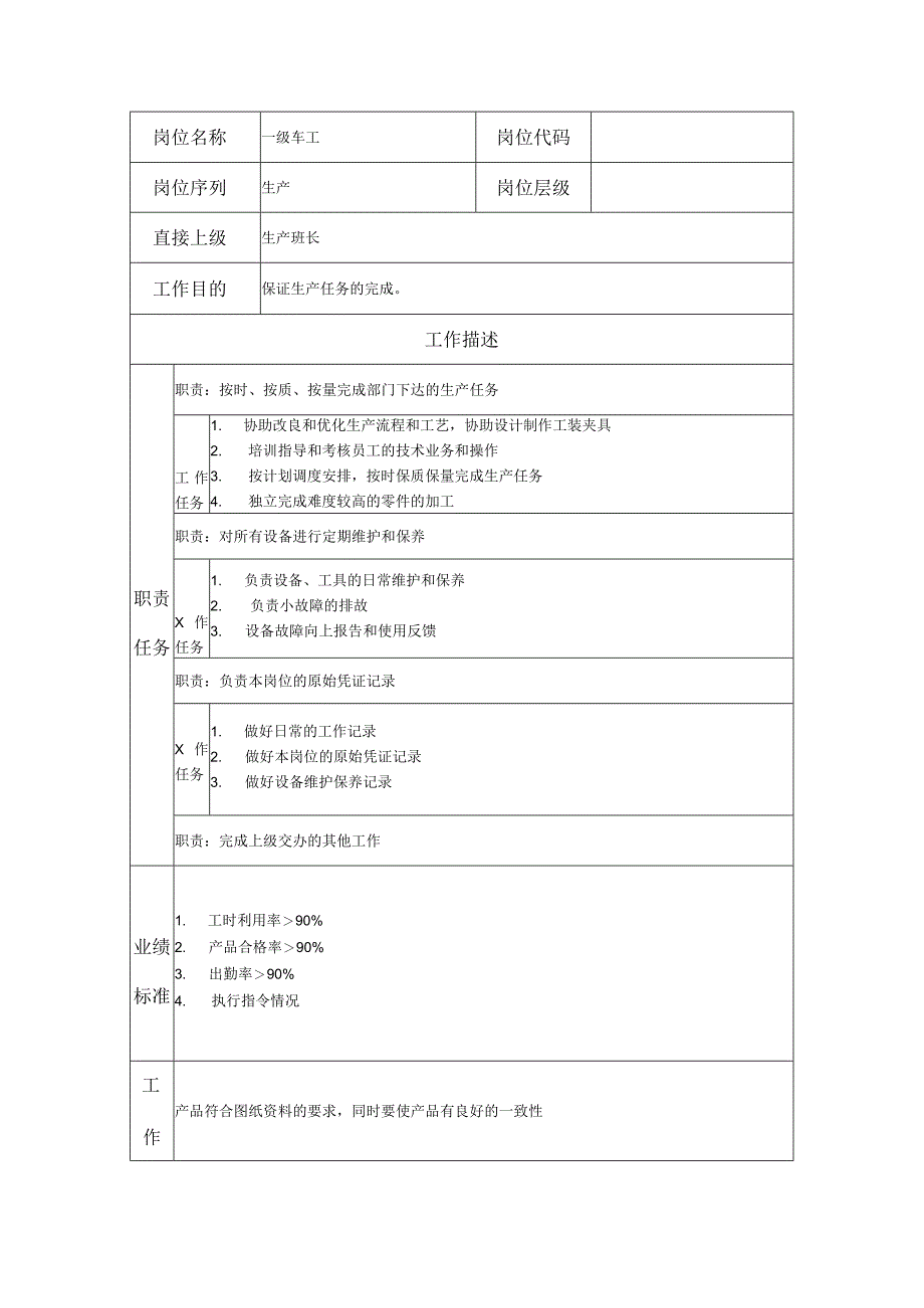 一级车工--工业制造类岗位职责说明书.docx_第1页