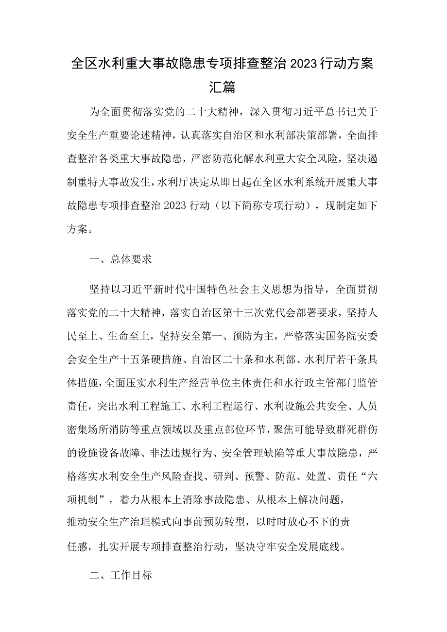 全区水利重大事故隐患专项排查整治2023行动方案汇篇.docx_第1页