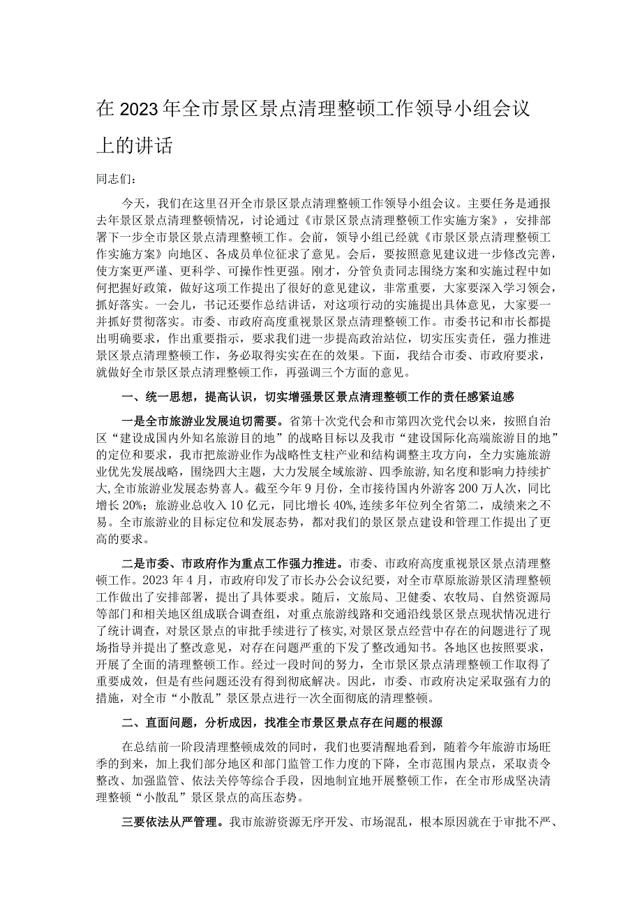 在2023年全市景区景点清理整顿工作领导小组会议上的讲话.docx_第1页