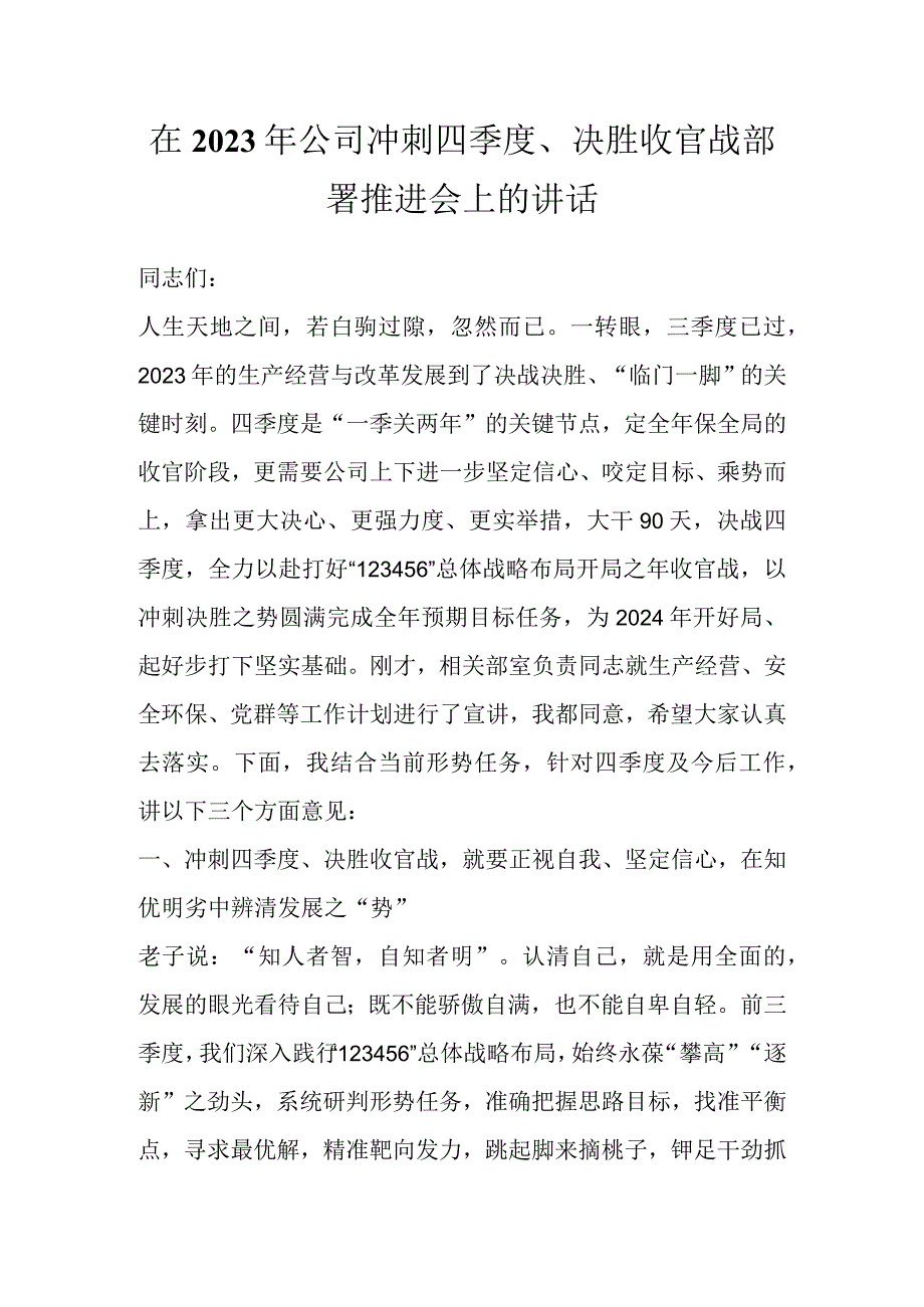 在2023年公司冲刺四季度、决胜收官战部署推进会上的讲话 (1).docx_第1页