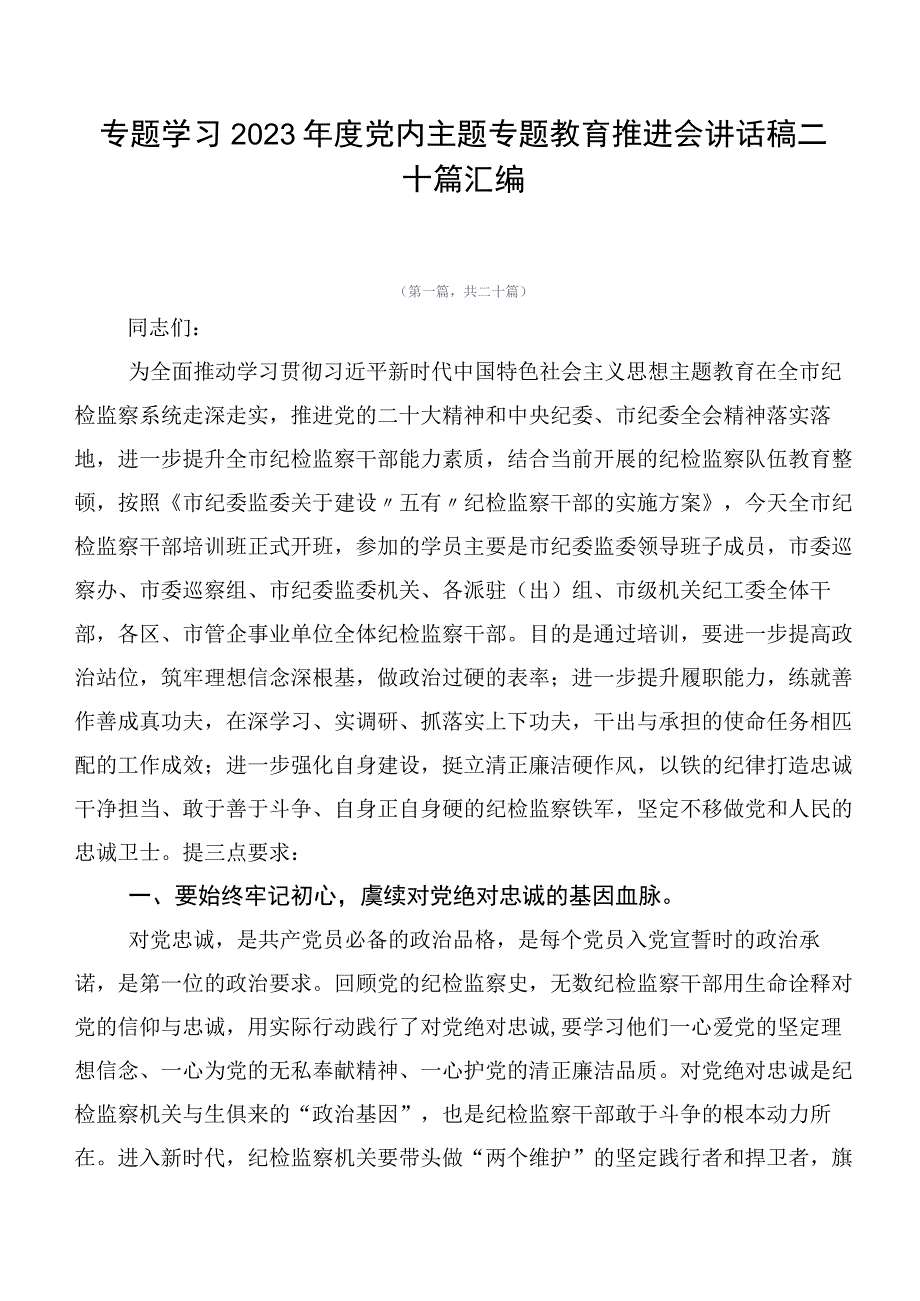 专题学习2023年度党内主题专题教育推进会讲话稿二十篇汇编.docx_第1页