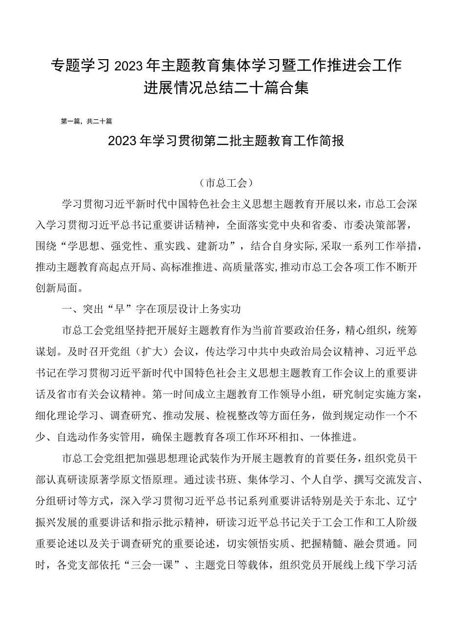 专题学习2023年主题教育集体学习暨工作推进会工作进展情况总结二十篇合集.docx_第1页