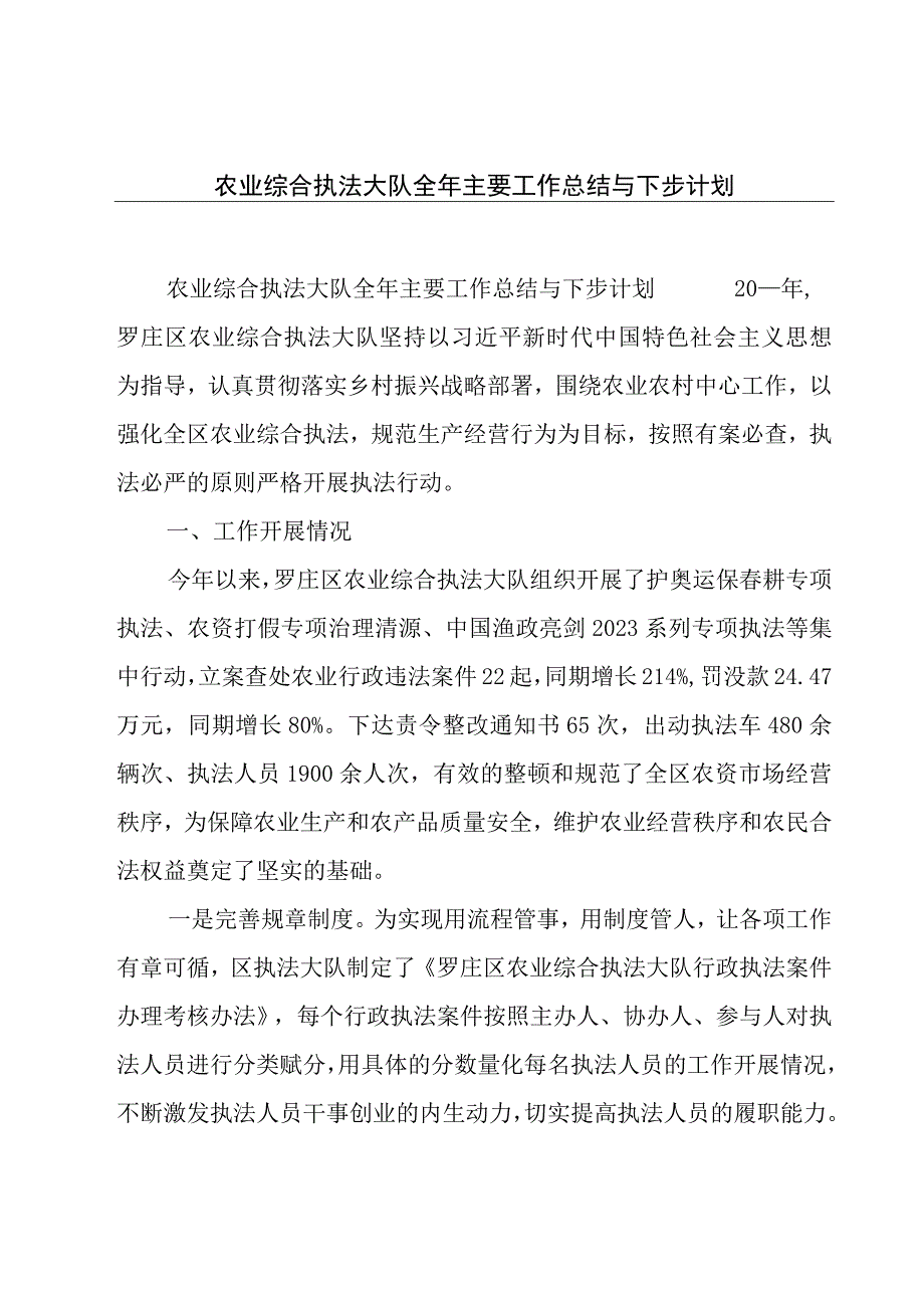 农业综合执法大队全年主要工作总结与下步计划.docx_第1页