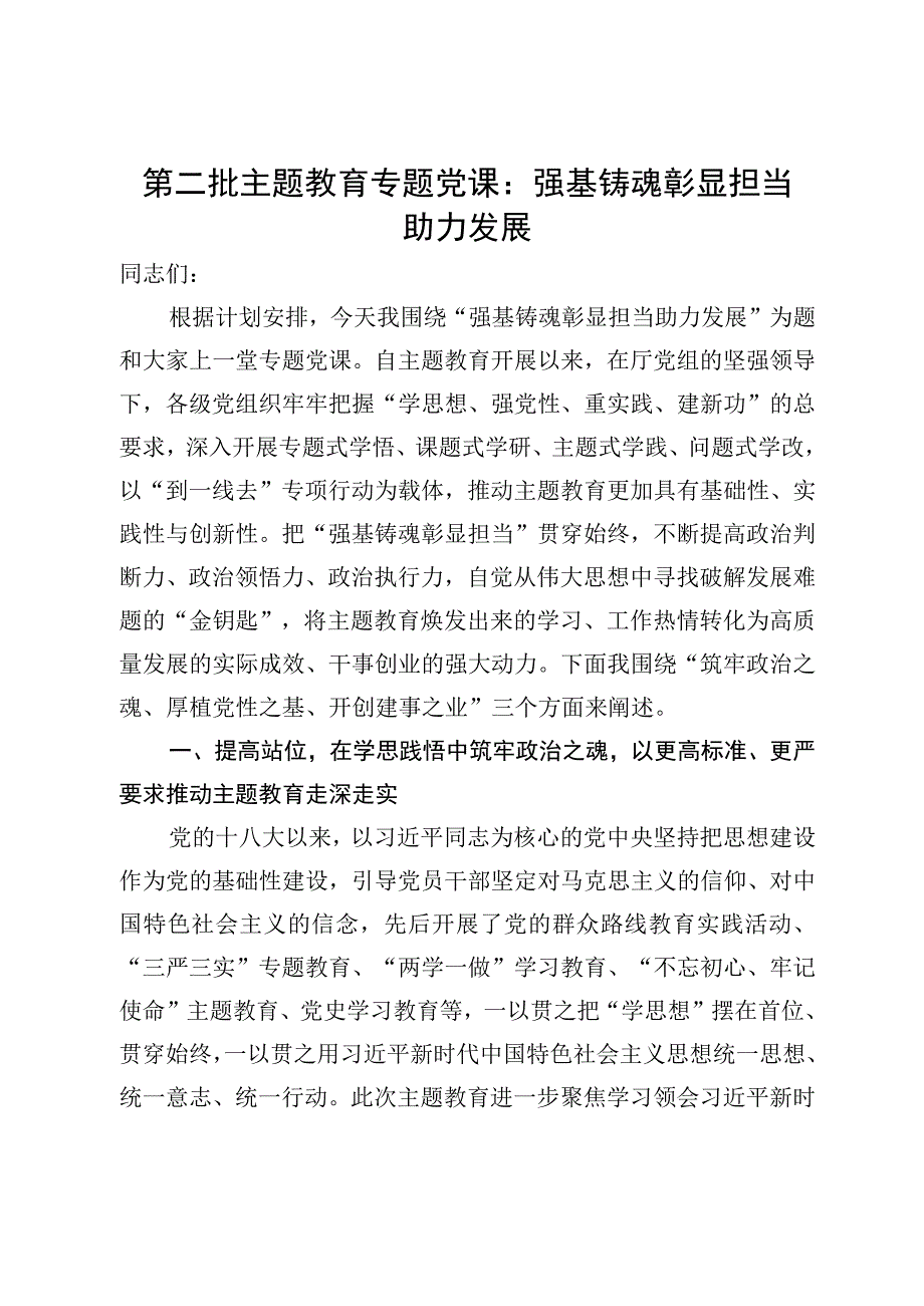 第二批主题教育专题党课：强基铸魂彰显担当助力发展.docx_第1页