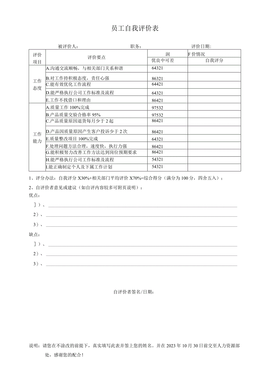 员工自我评价表（自评表）.docx_第1页