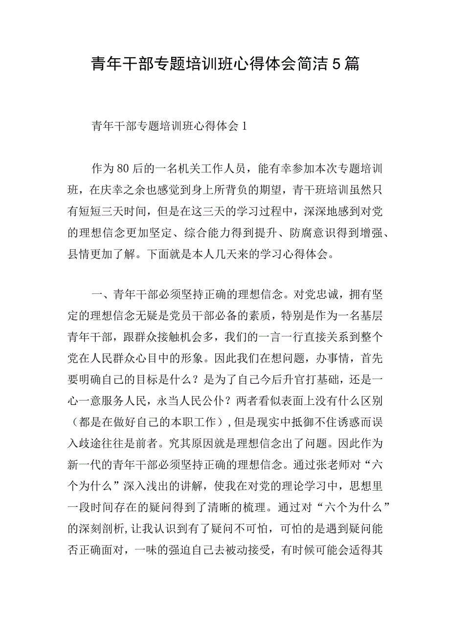 青年干部专题培训班心得体会简洁5篇.docx_第1页