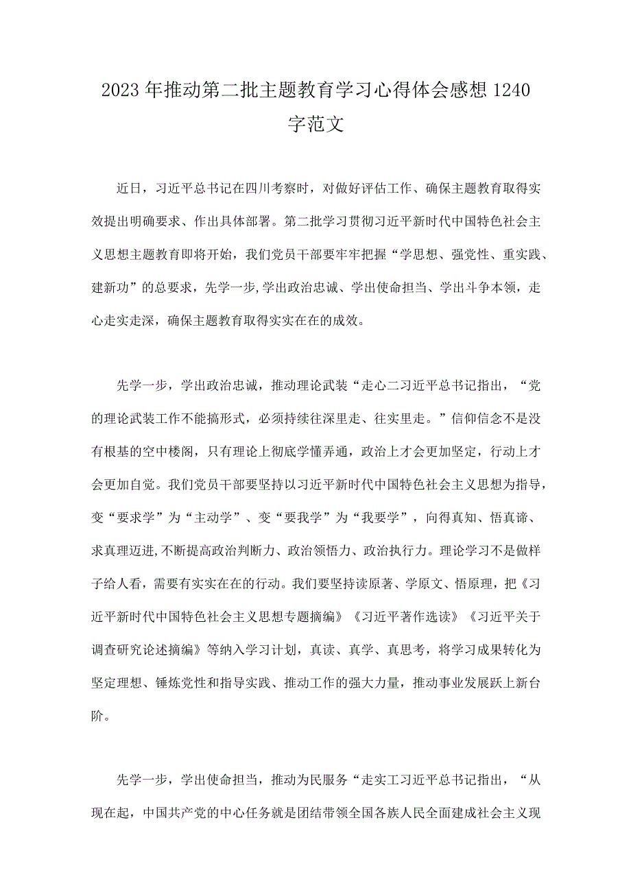 全面推动第二批主题教育学习心得体会、交流发言稿、实施方案、专题党课学习讲稿（十篇word版文）供参考.docx_第2页