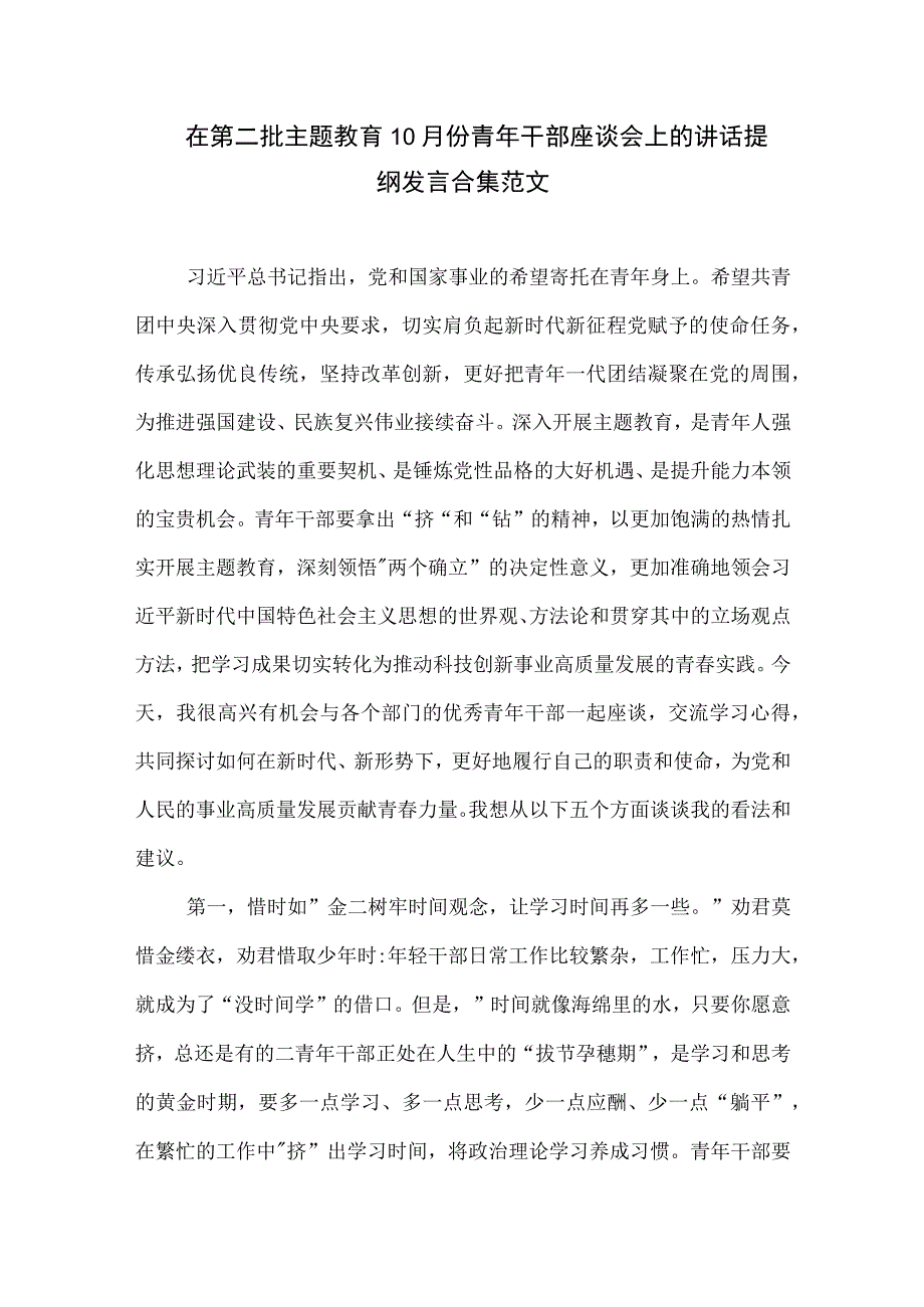 在第二批主题教育10月份青年干部座谈会上的讲话提纲发言合集范文.docx_第1页