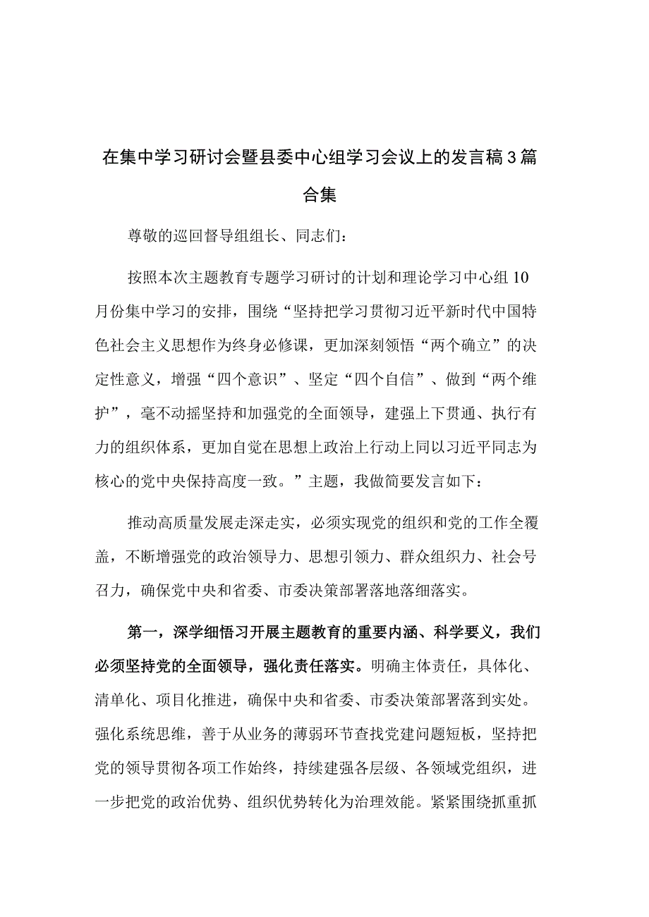 在集中学习研讨会暨县委中心组学习会议上的发言稿3篇合集.docx_第1页